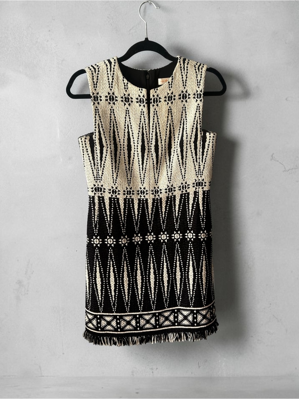 Tory Burch Black White Jacquard Fringe Shift Mini Dress Size 0